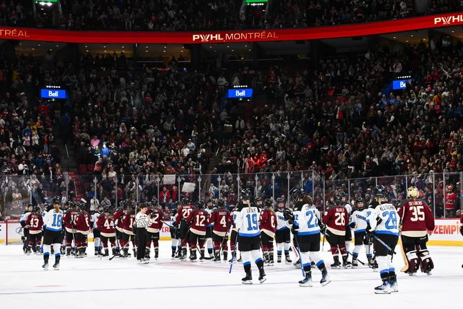Toronto and Montreal shake hands following their PWHL game at the Bell Centre on April 20th, 2024 in Montreal, Quebec, Canada. Toronto defeated Montreal 3-2 in overtime in front of a women’s hockey attendance record of 21,105.