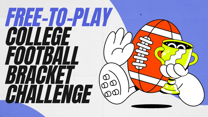 A graphic with a football and text reading "Free-to-Play College Football Bracket Challenge".