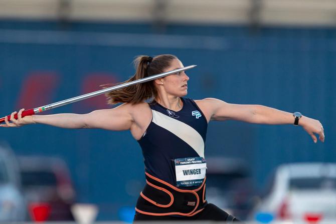 Javelin thrower Kara Winger performs as Parity’s first-ever sponsored athlete.