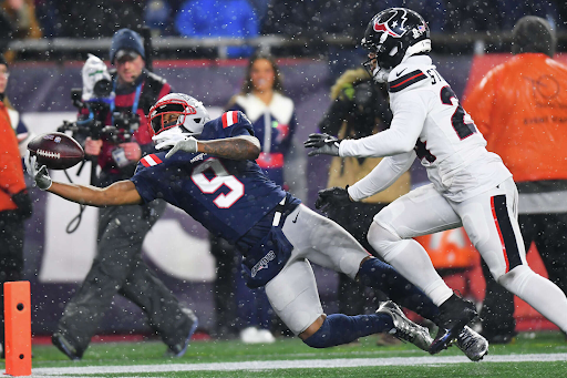 New England Patriots wide receiver Kayshon Boutte extends to make a touchdown catch.