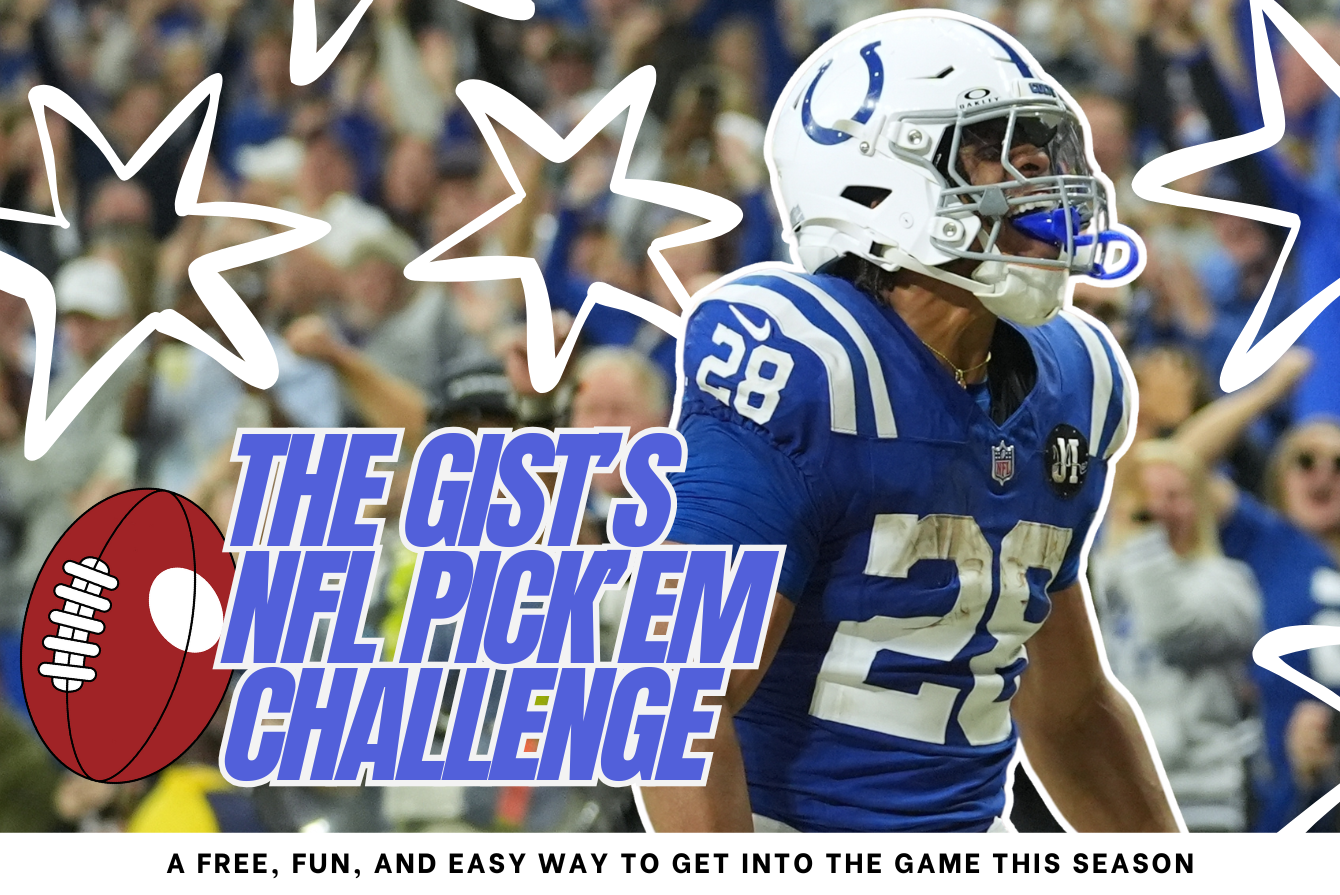 A graphic with an image of an NFL player and text reading "The GIST's NFL Pick 'Em Challenge".