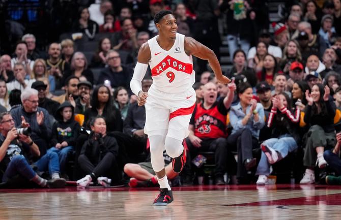 RJ Barrett #9 of the Toronto Raptors runs the court against the Cleveland Cavaliers during the first half of their basketball game