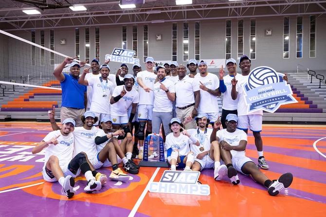 The No. 8–seed Fort Valley State men’s volleyball team celebrates their conference tournament win and first bid to the NCAA national tournament.
