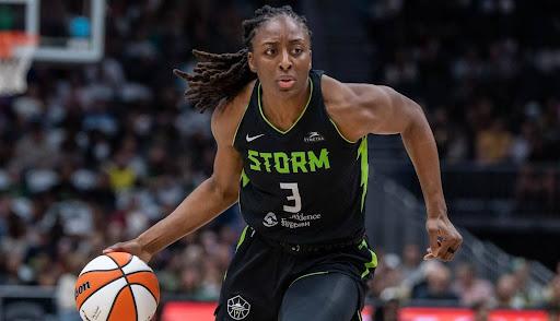 The Seattle Storm’s Nneka Ogwumike dribbles the ball up the court.