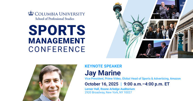 A graphic promoting Columbia's Sports Management Conference with keynote speaker Jay Marine
