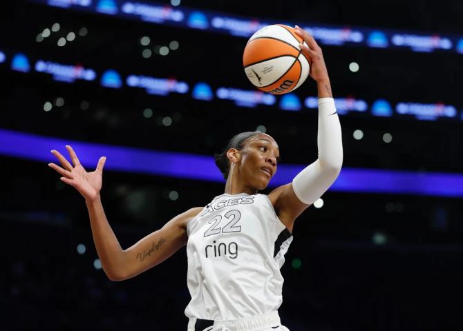 Las Vegas Ace A’ja Wilson secures a rebound.