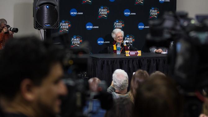 Loyola Chicago men’s basketball team chaplain Sister Jean sits for a press conference during the Ramblers’ 2018 Cinderella run.