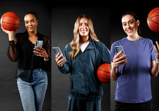Unrivaled athletes Napheesa Collier, Kate Martin, and Breanna Stewart pose with basketballs and Samsung phones for campaign