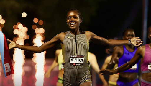 World record-holding middle-distance runner Faith Kipyegon celebrates a win at Athlos NYC in 2024.