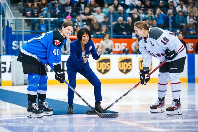 Toronto Mayor Olivia Chow with the ceremonial puck drop