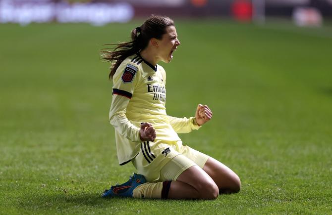 Tobin Heath of Arsenal celebrates after scoring their side's first goal during the Barclays FA Women's Super League match between Manchester City Women and Arsenal Women at The Academy Stadium on January 23, 2022 in Manchester, England.