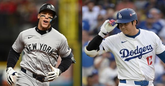 Images of NY Yankee Aaron Judge and LA Dodger Shohei Ohtani side by side