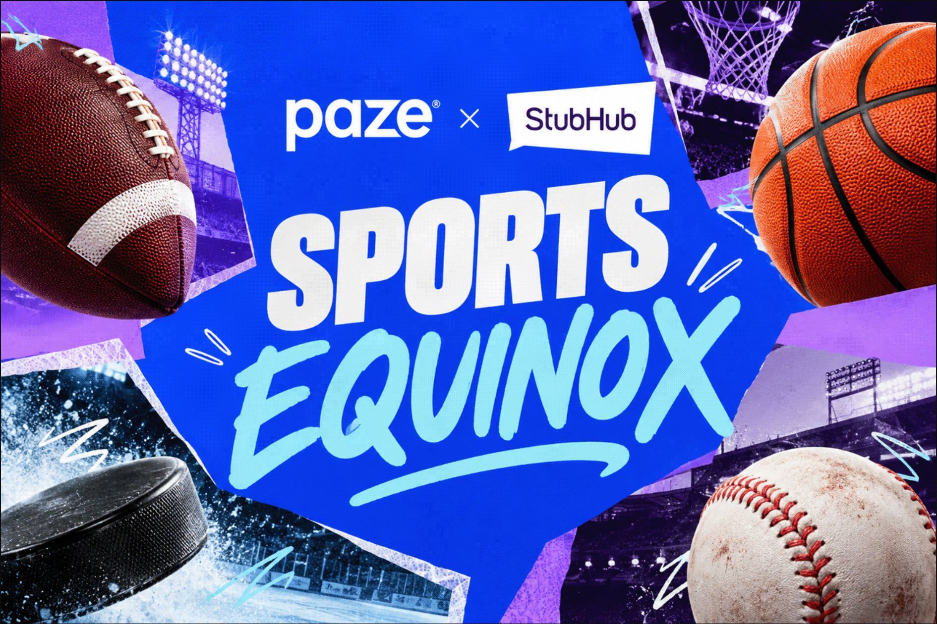 Sports Equinox promotional graphic featuring Paze and StubHub logos above bold text reading “SPORTS EQUINOX,” surrounded by football, basketball, hockey puck and baseball imagery against a blue and purple stadium-themed background.