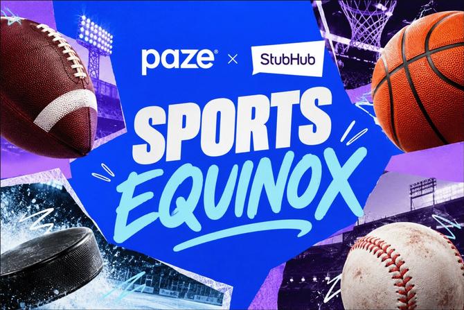 Sports Equinox promotional graphic featuring Paze and StubHub logos above bold text reading “SPORTS EQUINOX,” surrounded by football, basketball, hockey puck and baseball imagery against a blue and purple stadium-themed background.