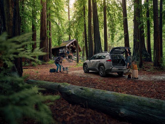 Toyota RAV4 parked in wooded area with cabin