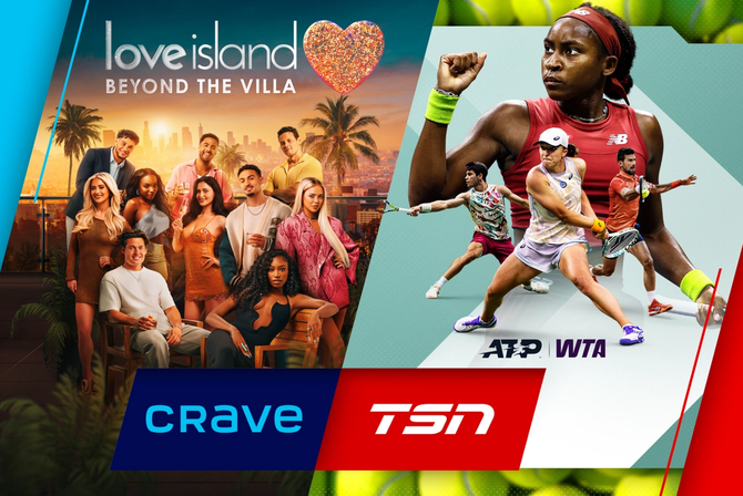 A graphic of Love Island beyond the villa and pro tennis players