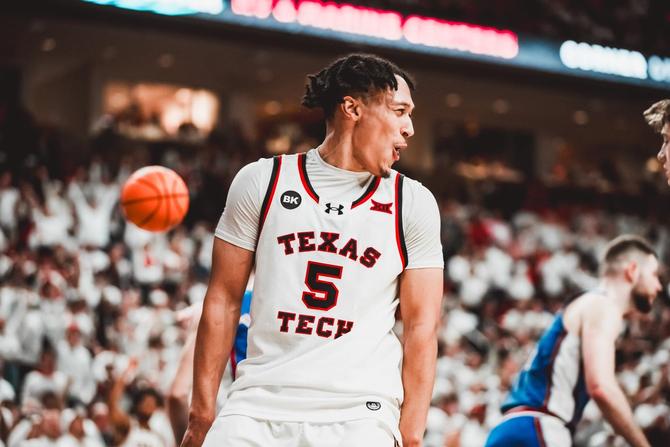 Texas Tech men’s basketball guard Darrion Williams is hyped during his standout performance against No. 6 Kansas on Monday.