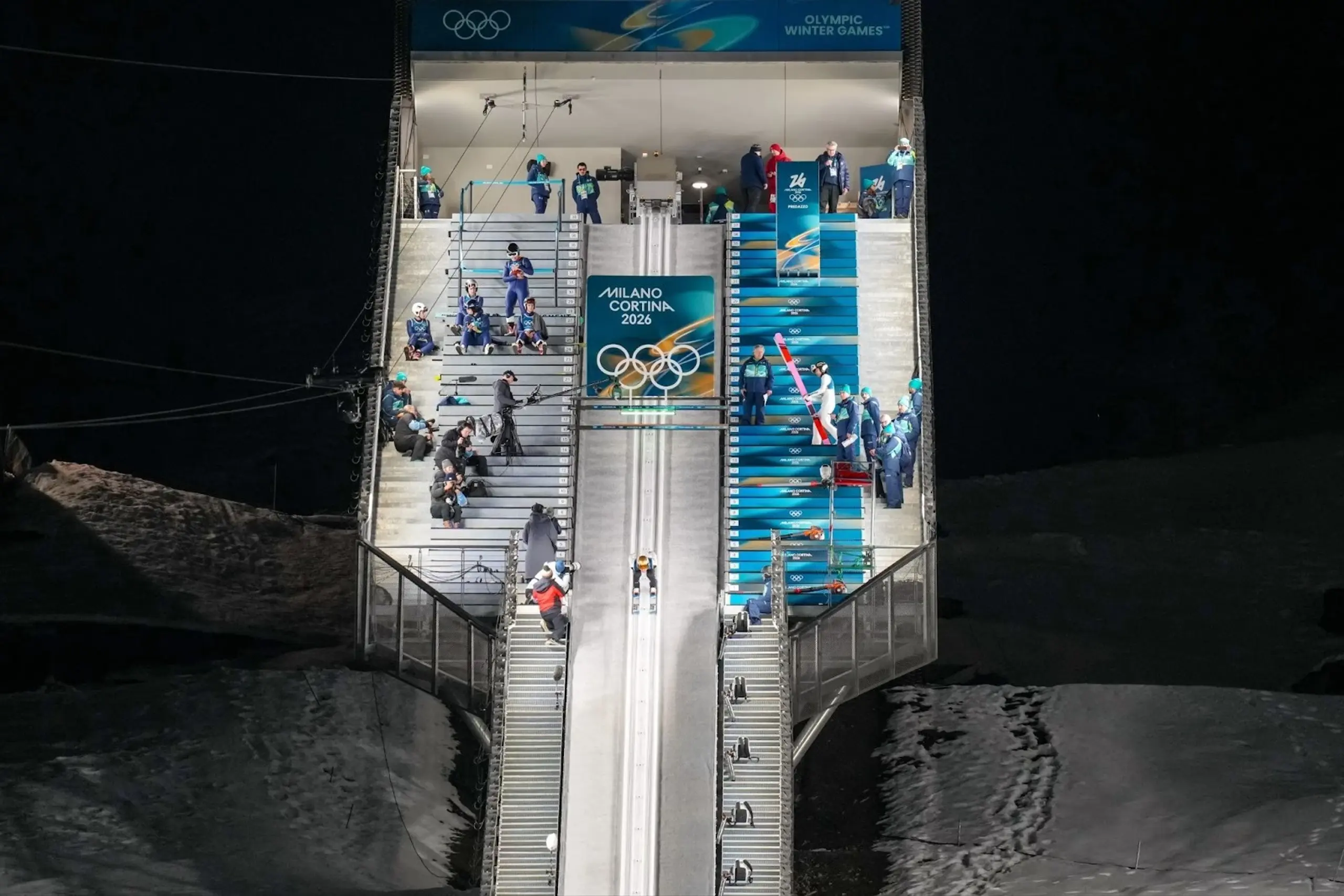 The top of the ramp during the trials of the ski jumping men’s normal hill individual at the 2026 Winter Olympics, in Predazzo, Italy.