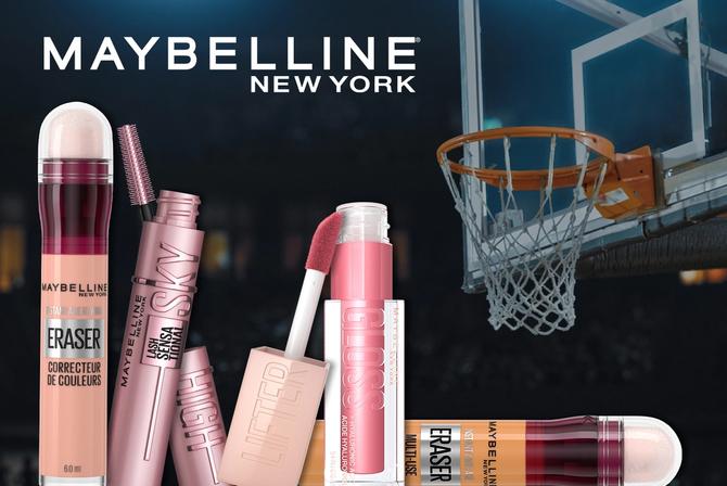 Maybelline products on display next to a basketball court