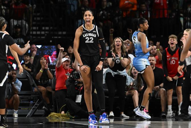 Las Vegas Ace A’ja Wilson celebrates a three-pointer