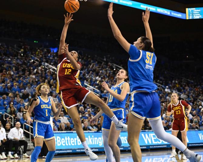 USC’s JuJu Watkins drives to the basket against UCLA’s Lauren Betts.