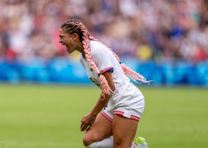 Trinity Rodman of the United States celebrates her goal during the women's quarter-final match.