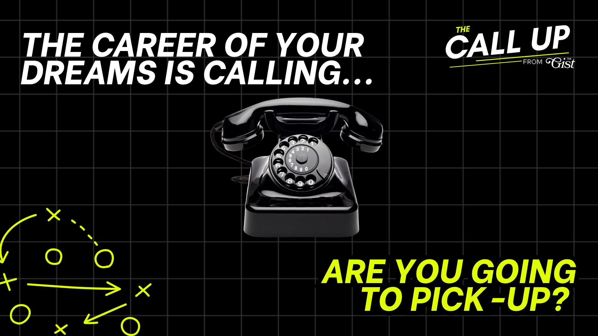 Graphic for “The Call Up from The GIST” featuring a black rotary telephone on a black grid background with neon yellow sports play diagrams. Text reads “THE CAREER OF YOUR DREAMS IS CALLING…” and “ARE YOU GOING TO PICK UP?”