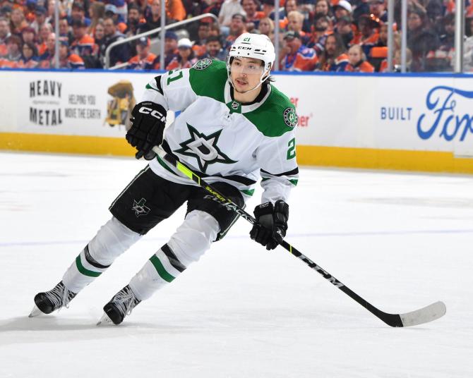 Jason Robertson #21 of the Dallas Stars in action during Game Four of the Western Conference Final of the 2024 Stanley Cup Playoffs