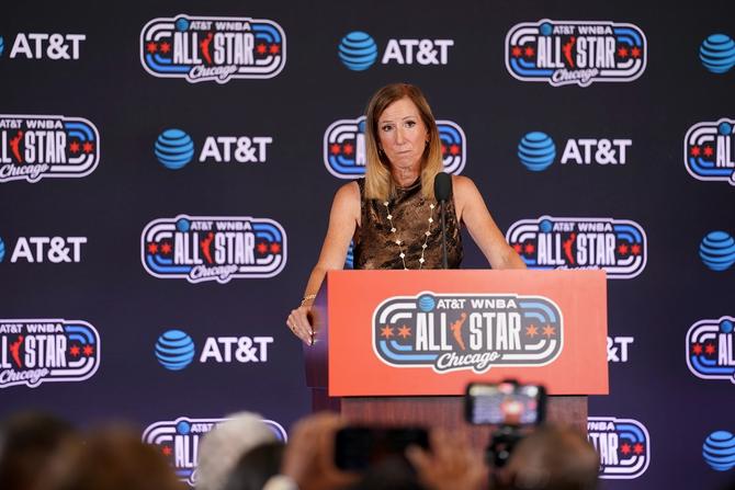 WNBA Commissioner Cathy Engelbert speaks to the media during a press conference prior to the 2026 AT&T WNBA All-Star Game.