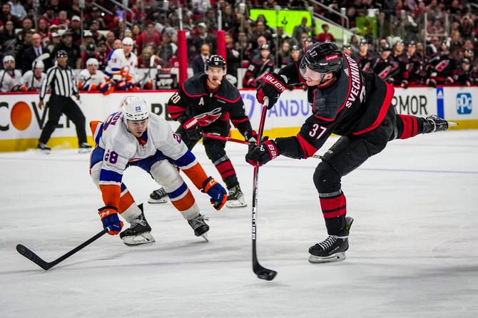 Andrei Svechnikov #37 of the Carolina Hurricanes shoots the puck during the third period against the New York Islanders in Game Five of the First Round of the 2024 Stanley Cup Playoffs