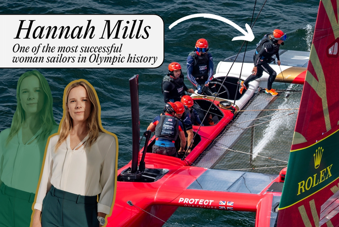 A graphic of Hannah Mills on a boat with her team
