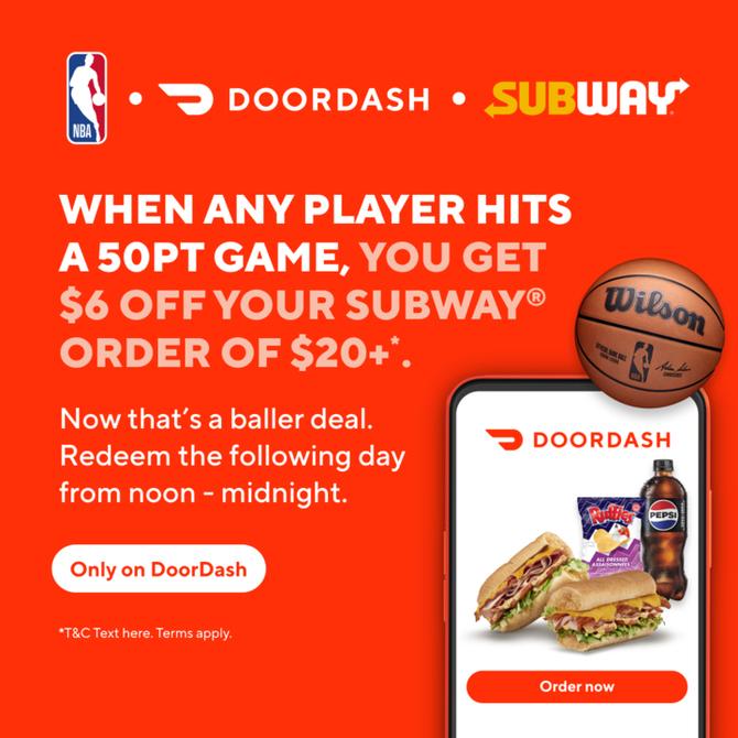 A graphic displaying DoorDash's promotion with Subway