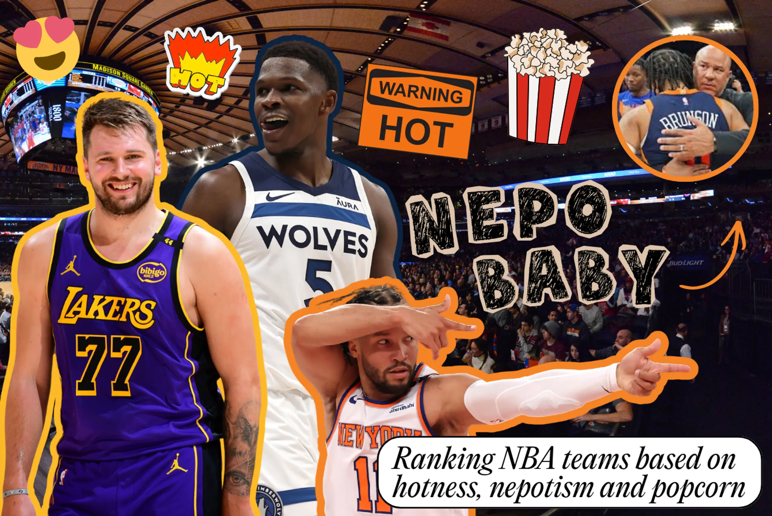 A collage showing Luka Doncic, Anthony Edwards, and Jalen Brunson. 