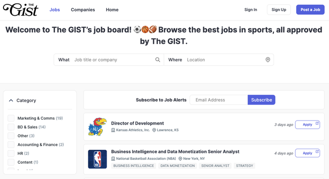 A screenshot of the GIST's job board.