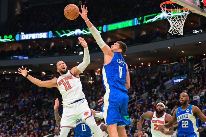 Milwaukee Buck Brook Lopez blocks a shot during the NBA In-Season Tournament