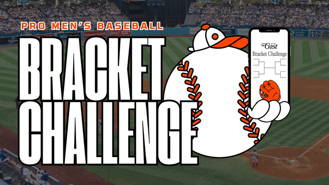 A graphic of The GIST's cartoon baseball promoting the baseball bracket challenge