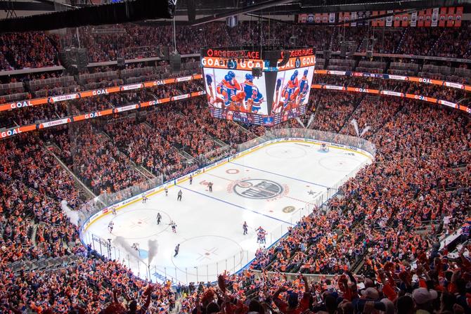 A general view of fans celebrating after a goal during Game Six of the 2024 Stanley Cup Final between the Edmonton Oilers and the Florida Panthers.