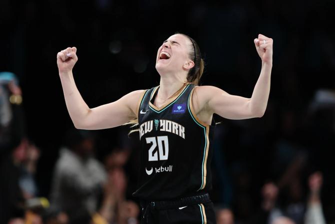 Sabrina Ionescu #20 of the New York Liberty reacts during the second half against the Atlanta Dream. 