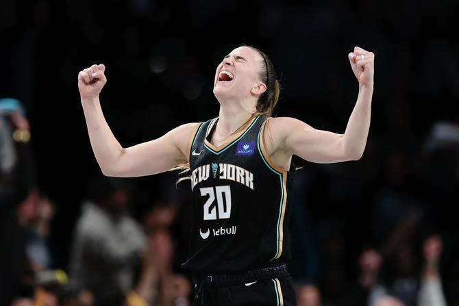 Sabrina Ionescu #20 of the New York Liberty reacts during the second half against the Atlanta Dream.