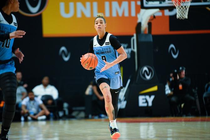Natasha Cloud passes the ball during a 2023 Athletes Unlimited game.
