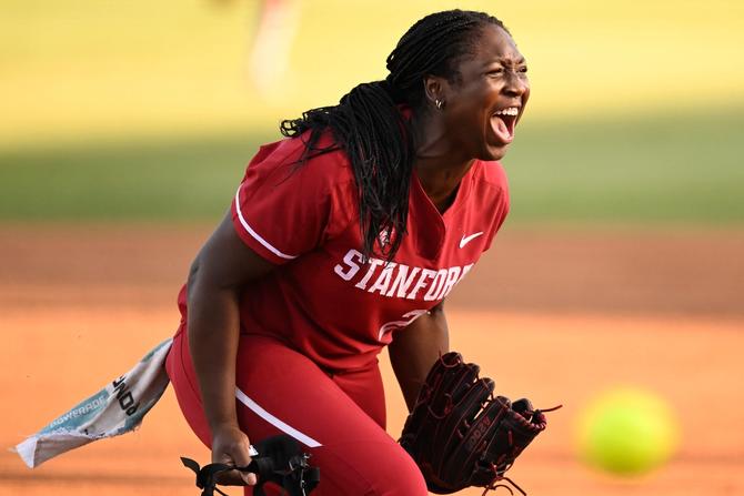 No. 8–seed Stanford softball pitcher NiJaree Canady shouts in celebration after a big play during the Cardinal’s May 25th game against No. 9 LSU.