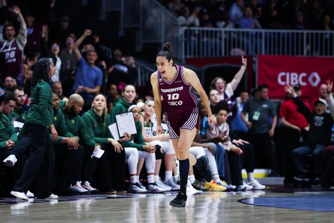 Toronto Tempo guard Maria Conde celebrates after hitting a shot.