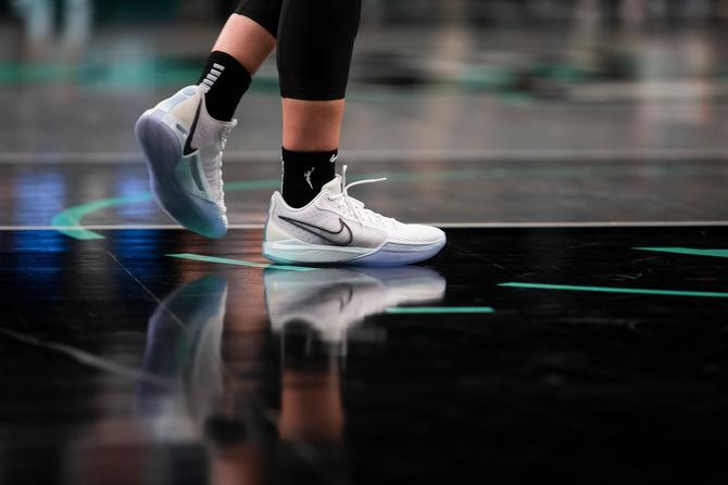 A close up view of sneakers worn by Sabrina Ionescu #20 of the New York Liberty during a game against the Las Vegas Aces at Barclays Center on August 28th, 2023 in New York City.