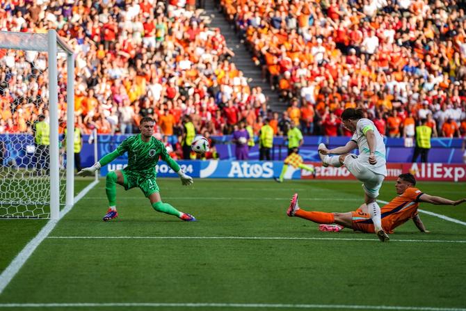 Midfielder Marcel Sabitzer of Austria shoots to score at the Euro.