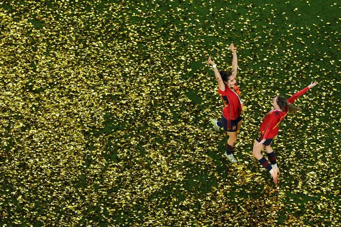 Spanish players celebrate after the awarding ceremony of the 2023 FIFA Women's World Cup in Sydney, Australia.