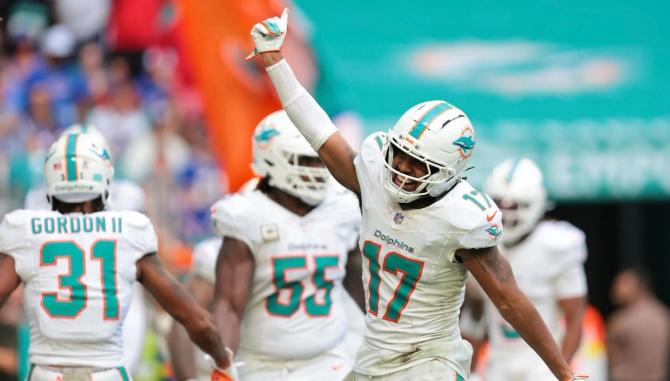Miami Dolphins wide receiver Jayden Waddle celebrates a touchdown.