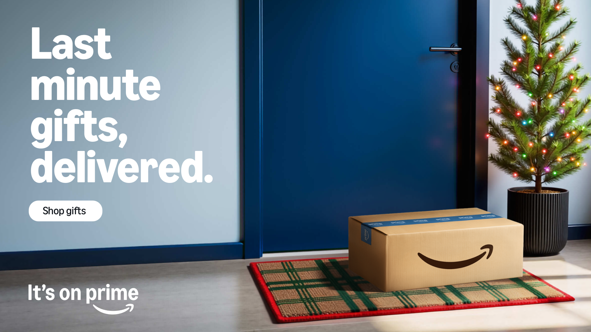 An image of a package and a Christmas tree outside a door.