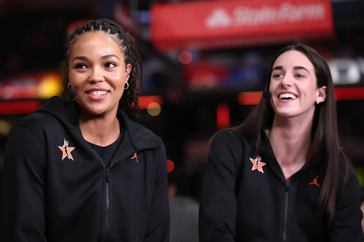 Napheesa Collier #24 of the Minnesota Lynx and Caitlin Clark #22 of the Indiana Fever speak to the media prior to the 2025 AT&T WNBA All-Star Game at Gainbridge Fieldhouse on July 19, 2025 in Indianapolis, Indiana.