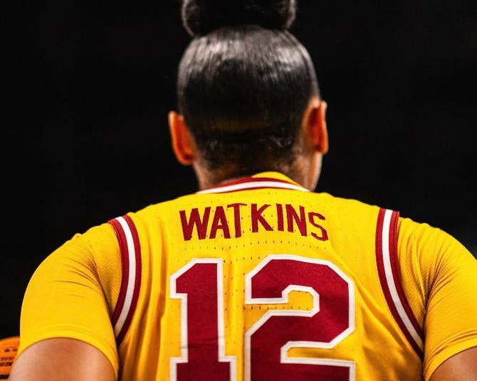 View of the back of JuJu Watkins’ jersey.