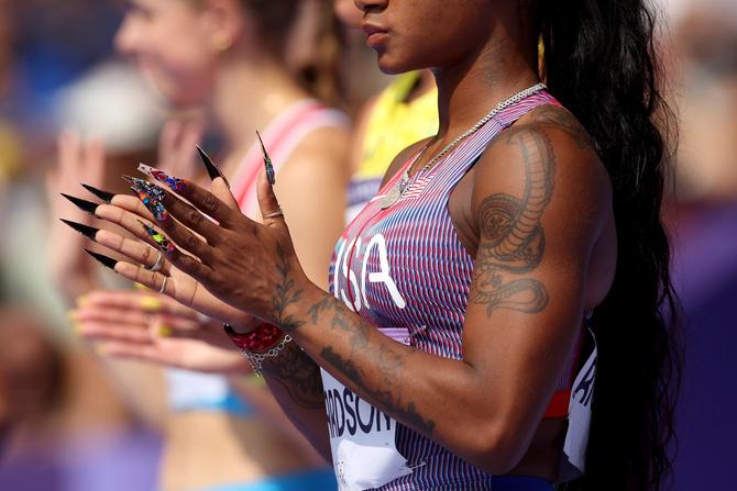 A detailed view of Sha'carri Richardson of Team United States nails during the Women's 100m Round 1 on day seven of the Olympic Games Paris 2024 at Stade de France on August 02, 2024 in Paris, France.